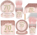 121Pcs 70th Birthday Party Supplies Plates Napkins Cups Forks Tablecloth Rose Gold Happy 70th Birthday Themed Disposable Tableware Decorations Serves 24 Guests for Women 70 Years