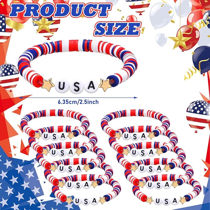 USA Bracelets Bulk 4th of July Accessories Red White and Blue Polymer Clay Beaded Stretch Bracelets for Women USA Jewelry Independence Day 4th of July Patriotic Party Favors Gifts