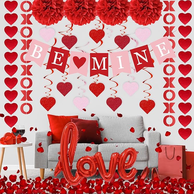 Red Valentine's Day Decoration Set, BE MINE Banner, Love Heart XO Garlands, Rose Petals, Hanging Swirls, Foil Love Balloons For Party Home Classroom Wedding Bedroom Office