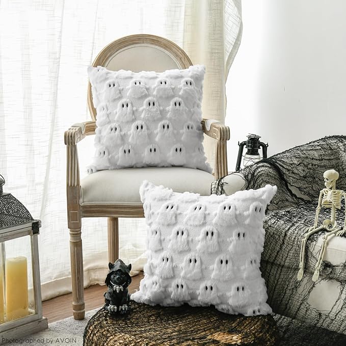 AVOIN colorlife Halloween Ghost White Throw Pillow Cover Set of 2, 18 x 18 Inch Soft Plush Faux Fur Jacquard Spooky Cushion Case Decoration for Sofa Couch