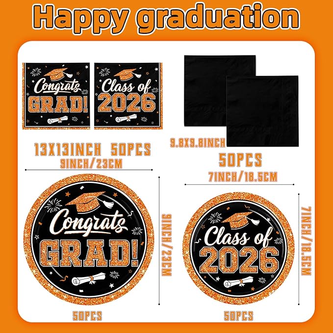 Graduation Decorations 2026 Graduation Party Plates and Napkins Set Black Orange Class of 2026 Graduation Party Supplies for Congrats Grad Party Decor, Serve 50