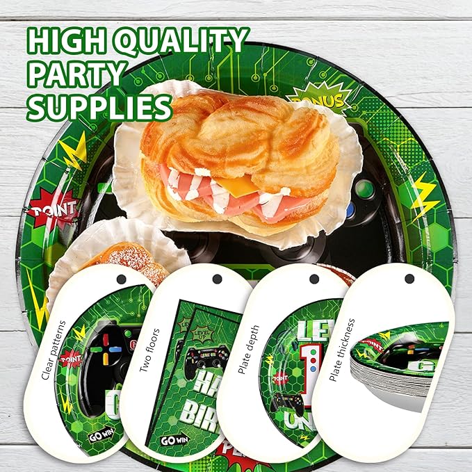 96Pcs 10th Birthday Video Game Party Supplies Green Video Game Paper Plates and Napkins Tableware Sets Video Game Birthday Decorations for Kids Boys 10th Birthday Gamer Gaming Party Serves 24