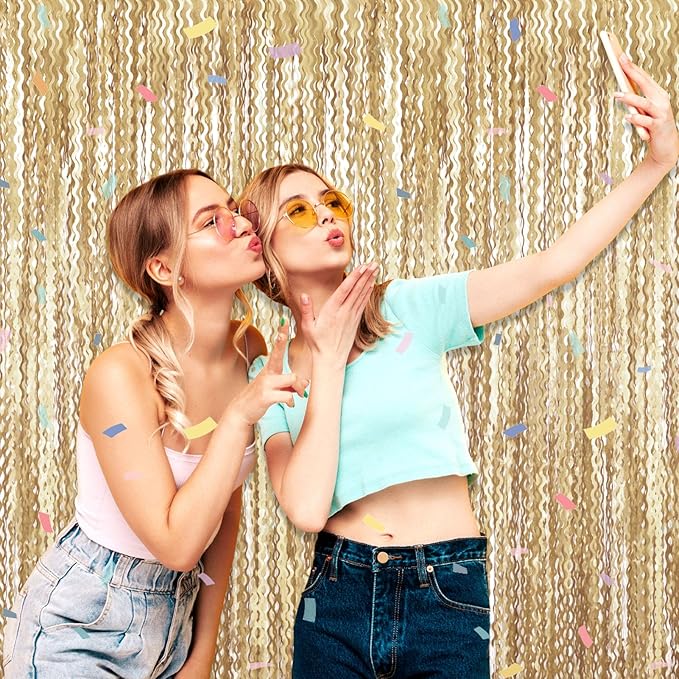4 Pack Champagne Gold Wave Foil Fringe Curtain Backdrop, 3.28Ft x 8.2Ft Metallic Tinsel Foil Fringe Streamer Curtains for Photo Booth, Mother's Day, Easter, Birthday, Wedding Party Decoration
