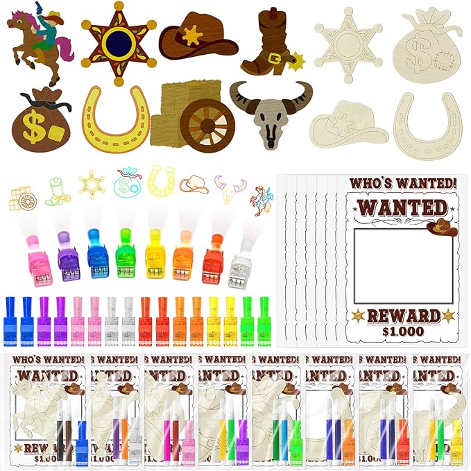 Cinrobiye 144 Pcs Western Cowboy Party Favors Wild West Wooden Painting Kit Rodeo Barn Cowgirl Party Supplies Birthday Goodie Bag Fillers, Prize Bulk Set (Western)