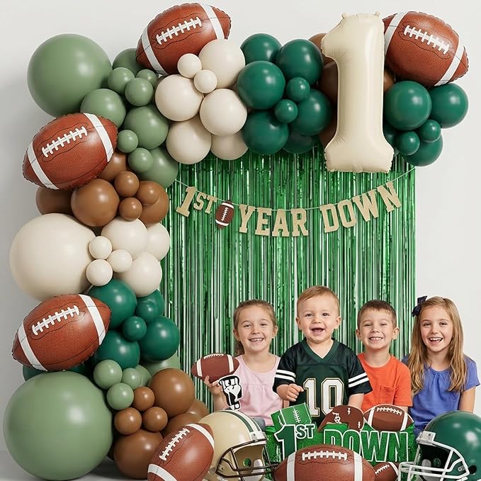 First Year Down Football Balloon Arch Kit – 1st Birthday Football Decorations with Number 1 Balloon, Football Foil Balloons & Green Brown Balloon Garland for Baby Boy Birthday Party (139PCS)