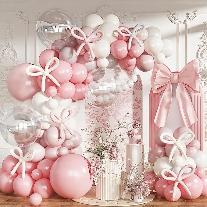 Pastel Pink and White Coquette Balloons Arch, 134 PCS Light Baby Dusty Pale Pink Bow Balloon Garland mit 18 Inch Clear Balloons *5, Long Balloon as Bow Decor for Girls Just Want To Be One Birthday