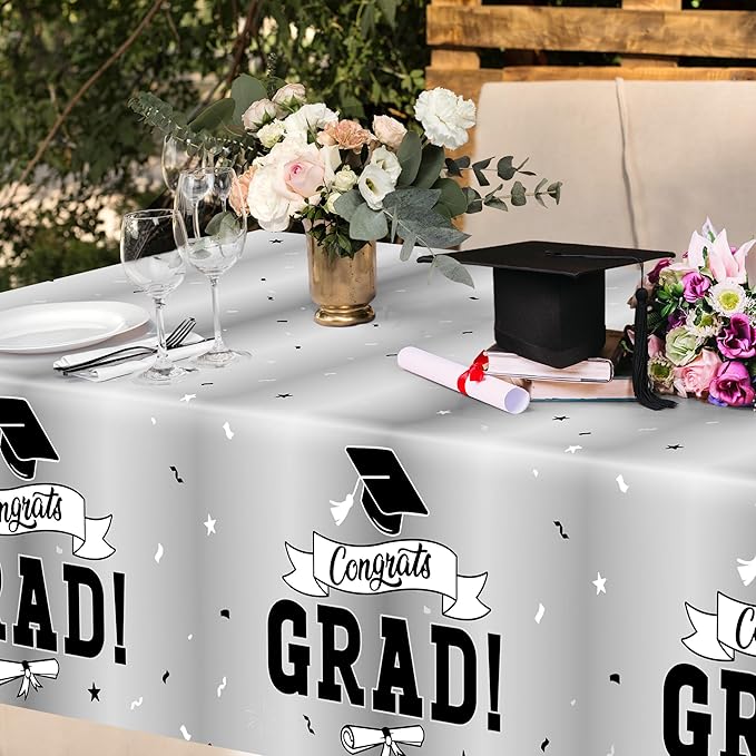 QZYL 2 Pcs 2026 Graduation Table Decorations, 108" X 54" Silver Graduation Table Cloths, Rectangle Tablecloth for Grad Party Supplies, Disposable Plastic Tablecover for Class 2026 Congrats Grad