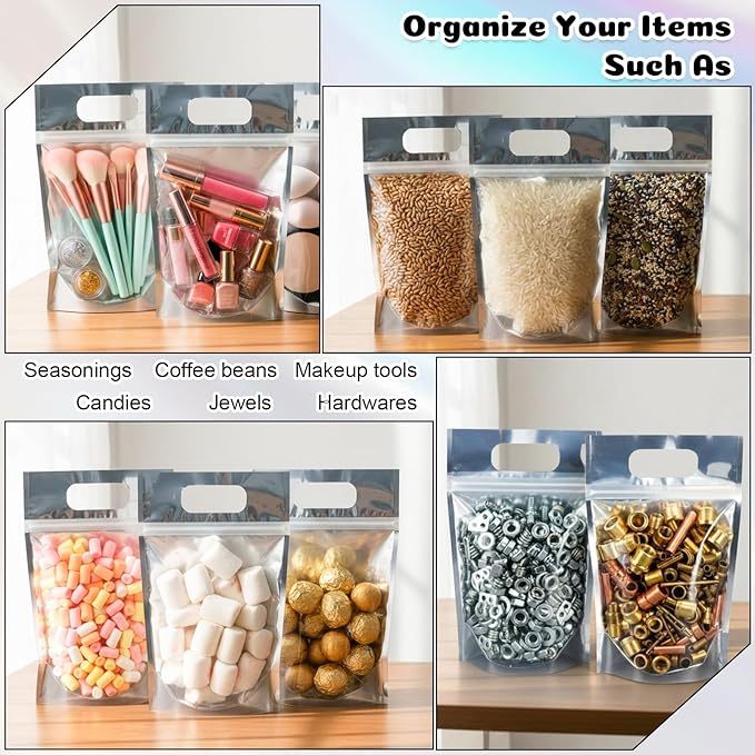 120 Pcs Plastic Gift Bag Bulk 5.5 x 8.7 Inch Resealable Party Goodie Bag with Clear Window Color Favor Pouch with Handle for Home Birthday Wedding Party Candy Gift Wrap Supply(Metallic)