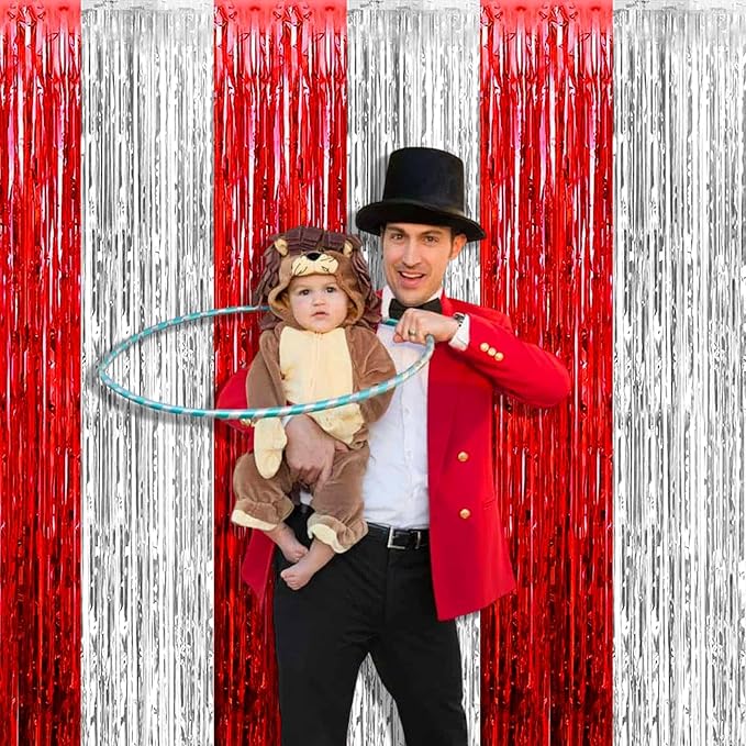 4 Pack 3.2Ft x 6.6Ft Silver Red Foil Fringe Curtain Backdrop, Metallic Tinsel Foil Fringe Streamers Curtains Background for Wedding, Circus Welcome Carnival Birthday Party Decoration New