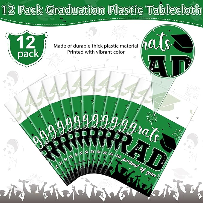12Pack Graduation Tablecloth Party Decorations, Class of 2026 Congrats Grad Plastic Tablecover Party Supplies, Green Rectangle Graduation Table Decorations for College High School Party, 54 x 108 Inch