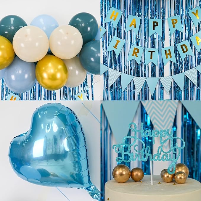 Blue Birthday Decorations,Blue Party Decorations with Dusty Blue White Sand Gold Balloons Happy Birthday Banner Fringe Curtain Light Blue Birthday Party Decor for Boy Kids Baby Men
