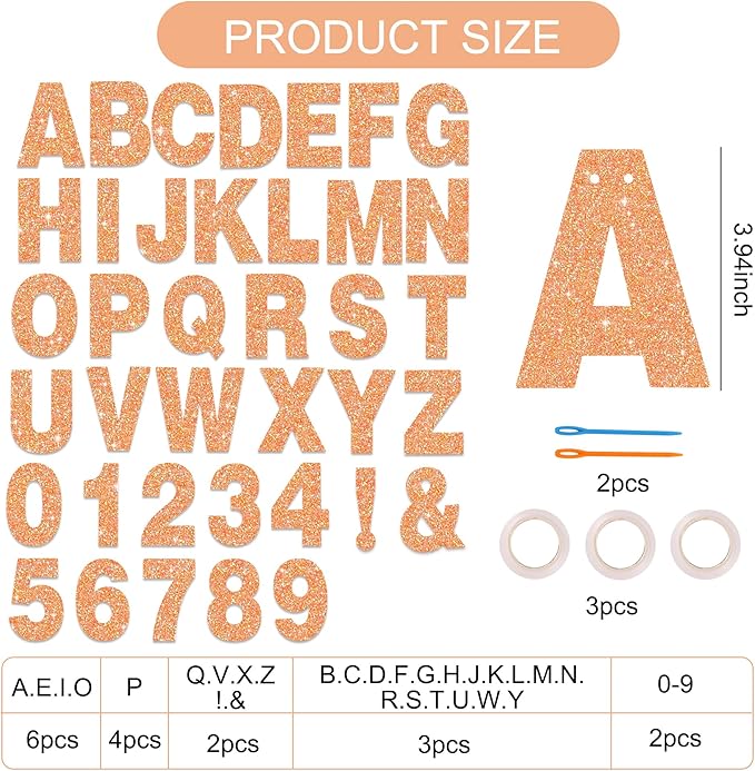 BEISHIDA 116 PCS A-Z DIY Letter Banner Kit Make Your Own Banner Glitter Light Orange Including 111 Letters and Numbers 3 Rope and 2 Threading Device,Customized for Birthday Graduation Party Decor