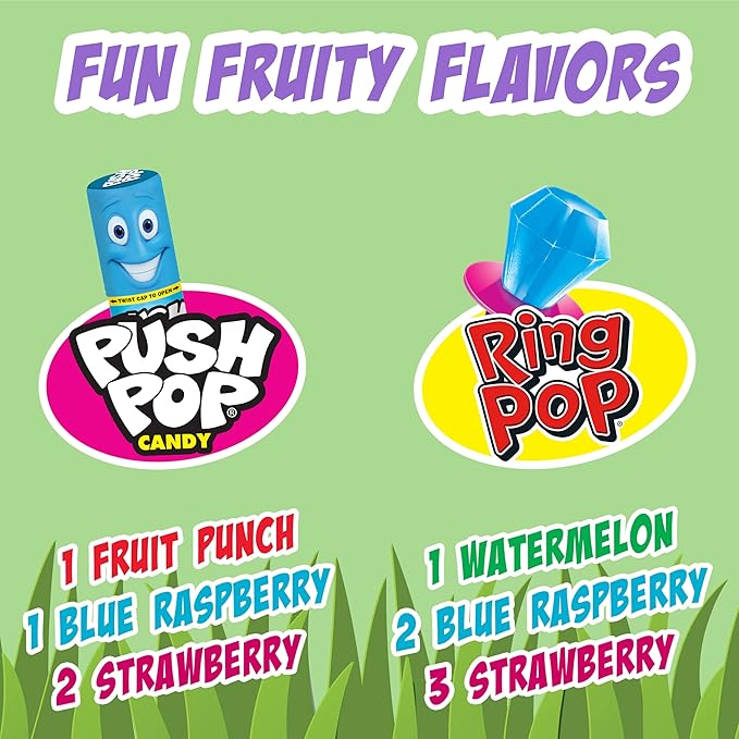 Bazooka Candy Brands Easter Candy Variety Pack, 18Ct Assorted Candy Lollipops, Bulk Individually Wrapped Ring Pop, Push Pop, & More, Birthday Party Favors, Easter Basket Stuffers, Egg Fillers, Gifts
