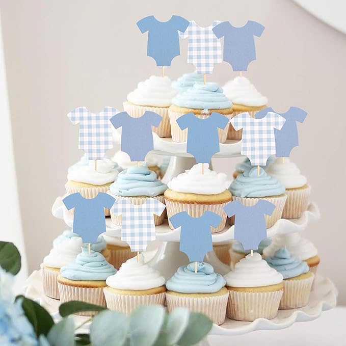 Blue Bodysuit Cake Topper - Blue Gingham Cake Topper,Baby Shower Decoration,Girl Boy/Gorl Baby Shower Decor(blue)