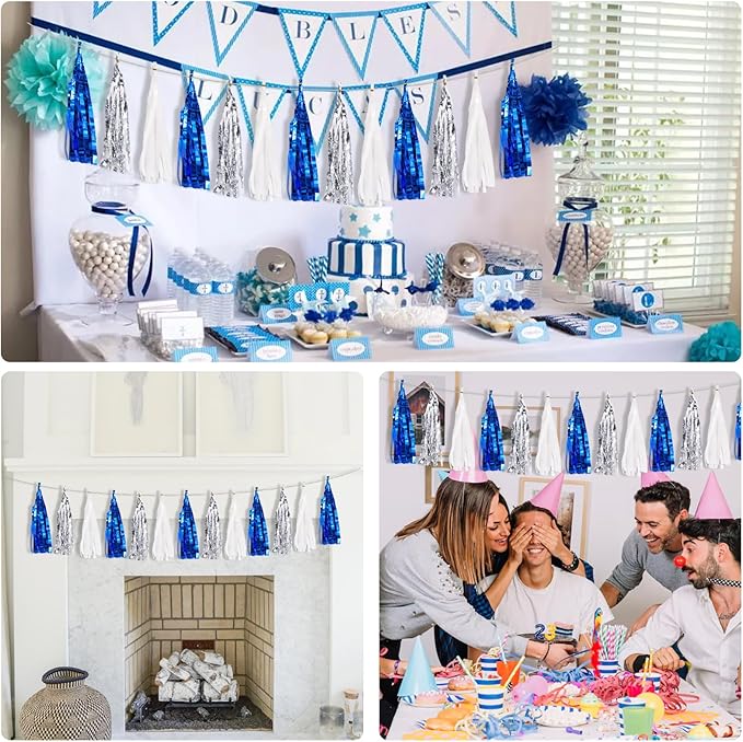 BEISHIDA 3 Packs Blue Silver White Metallic Foil Fringe Tassel Garland, Tassels Banner Streamers for Car Floats Graduation Bachelorette Birthday Baby Shower Wedding Christmas Holiday Party Decoration