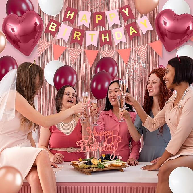 Burgundy Birthday Decorations,Happy Birthday Banner Wine Red Balloons Fringe Curtain Heart Foil Balloons for Women Girl