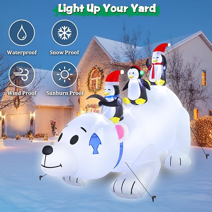 FunFanso 8 FT Christmas Inflatable Polar Bear with Penguins Outdoor Yard Decorations, Blow up 3 Penguins Fishing on Big Polar Bear with Bright LED Lights for Indoor Xmas Decor Outside Garden Lawn
