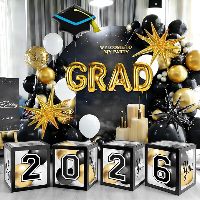 2026 Graduation Boxes Decorations,Black and Gold Balloon Garland Arch Kit with GRAD,2026 Balloon Boxes,Graduation Cap Decor for High School,College Graduation Party Supplies