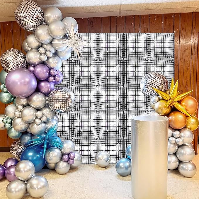 Silver Disco Square Foil Balloons Wall, 25PCS Double Sided Shiny Metallic Silver Square Balloon Backdrop Tunnel Arch Kit Background Decor for Retro 70s 80s 90s Disco Birthdays New Year Graduation