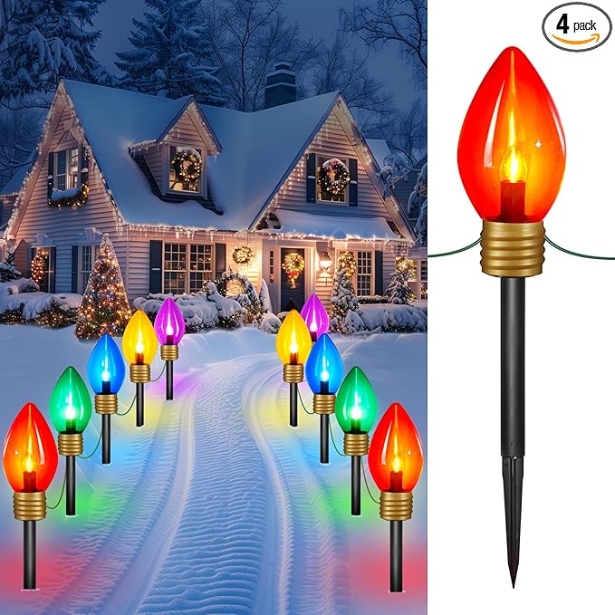 Minetom Jumbo Christmas Lights, C9 Outdoor Pathway Marker Stakes Lights, 4 Pack 10.5 Feet 5 LED String Lights Covered Jumbo Multicolored Light Bulb for Holiday Outside Yard Garden Walkway Decor