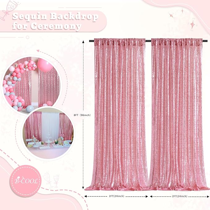 B-COOL Pink Sequin Curtains Fuchsia Glitter Backdrop Curtain Panels 2 Panels 2FTx8FT Backdrop for Baby Shower Wedding Girls Party Sweetheart Birthday Decorations