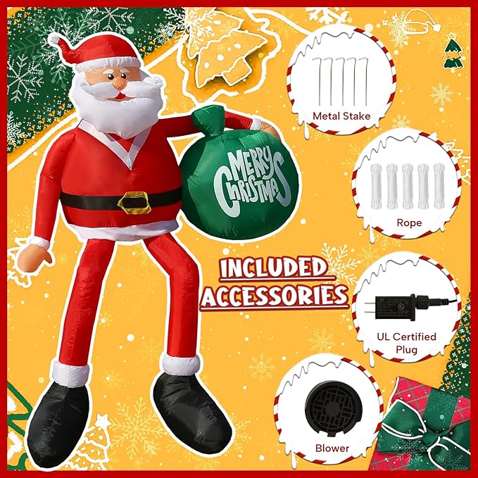 JOYHALO 8FT Christmas Inflatable Sitting Santa Claus Outdoor, Santa Blow Up Yard Decorations with Gift Bag, with Bright LED Lights, Climbing Santa for Roof Indoor Lawn Party Decor