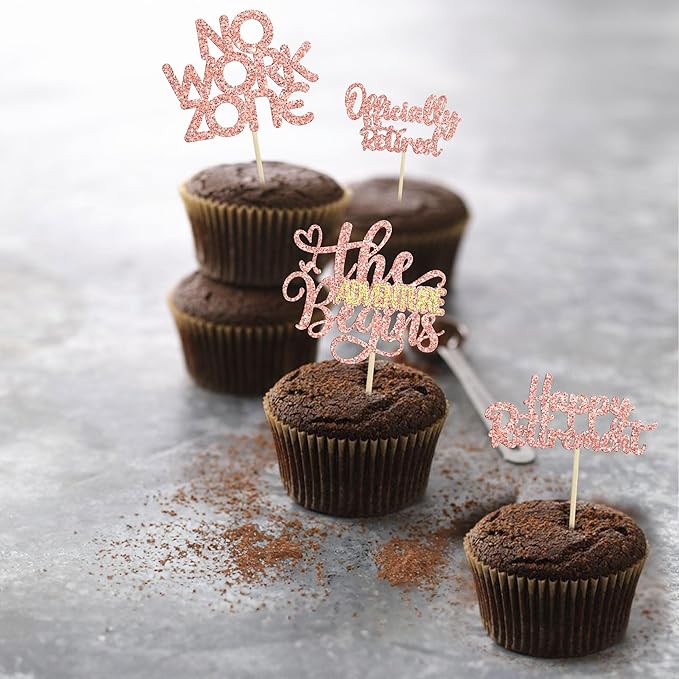 24Pcs Happy Retirement Cupcake Toppers Officially Retired Cake Toppers No Work Zone Adventure Begins Cupcake Picks Retirement Theme Farewell Birthday Party Decorations Supplies Rose Gold