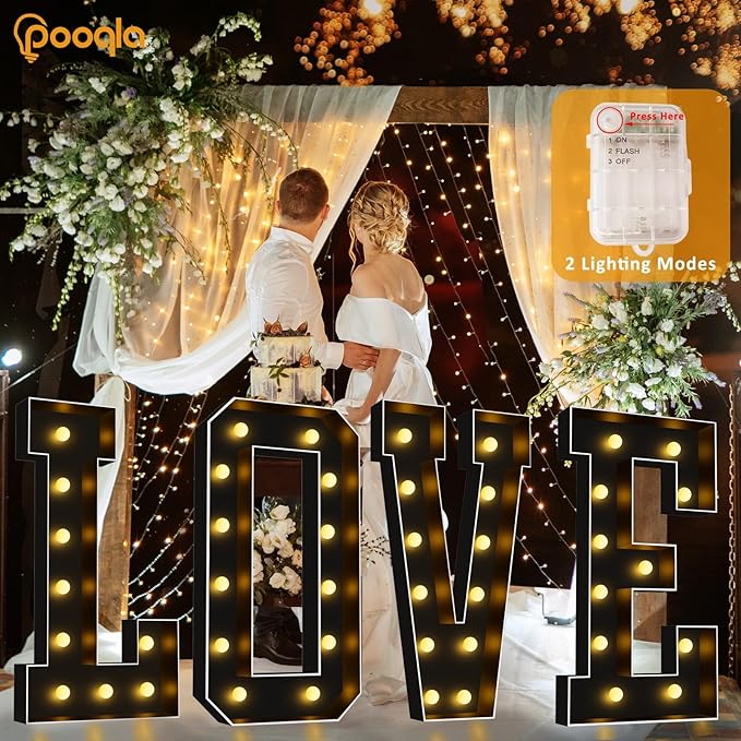 Pooqla 4 FT Marquee Light Up Letters, Black Giant LED Sign Marquee Letter Lights 4 Feet Tall, Big Mosaic Letters for Balloons Birthday Party Anniversary Wedding Decorations, Warm White B