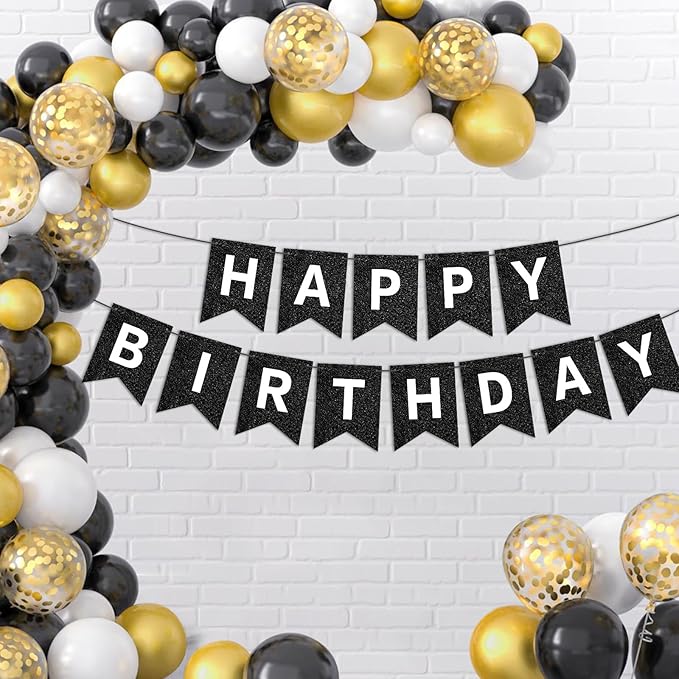 Hooqict Black Happy Birthday Banner Sign for Backdrop Black Birthday Decorations for Men Women Party Supplies Wall Door Banner Garland Bunting Flag