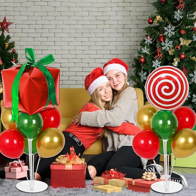 4 Sets Christmas Party Balloons Stand Kit with Gift Box Candy Foil Balloons Party Balloon Centerpiece for Tables for Xmas Holiday Birthday Party Christmas Themed Decorations
