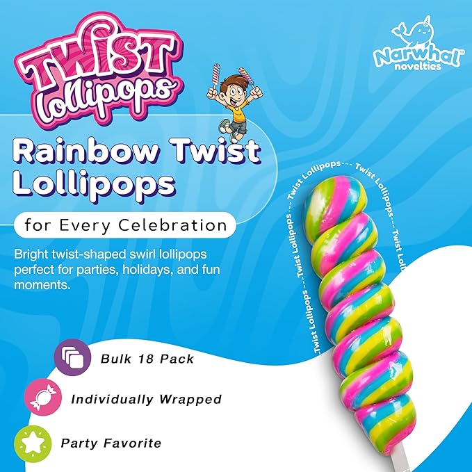 Rainbow Twist Lollipops Swirl 18 PCS- Spiral Twisty Lollipop - Bulk Lolipop Candy Suckers Treats - Swirly Candies for Birthdays Party Favors and Goodie Bags - Easter Basket Stuffers for Kids