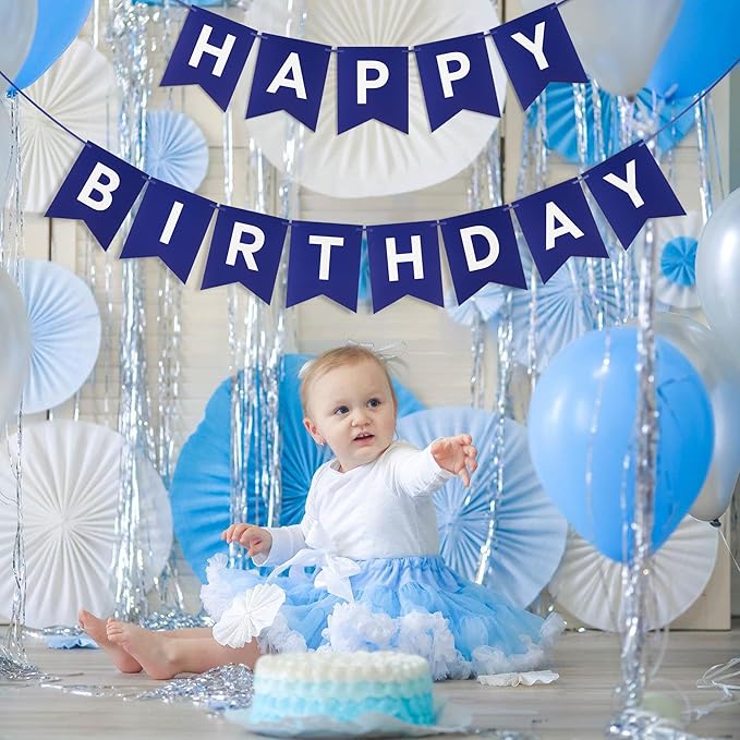 Blue Happy Birthday Banner - Navy Blue Hanging Backdrop Sign with White Letters, Happy Birthday Sign Bunting Decorations for Women men Kids Baby Shower Party Supplies (13pcs)