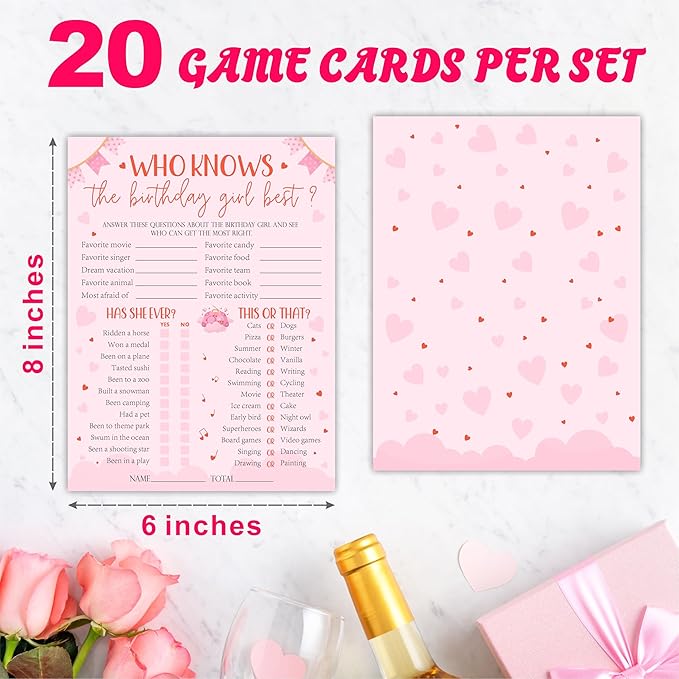 6"X8" Who Knows The Birthday Girl Best - Pink Full Print Heart Funny Double-Sided 3-in-1 Game Card Set for Girls Birthday Party, Sleepover Party Activities Supplies (20 Pcs)- A04