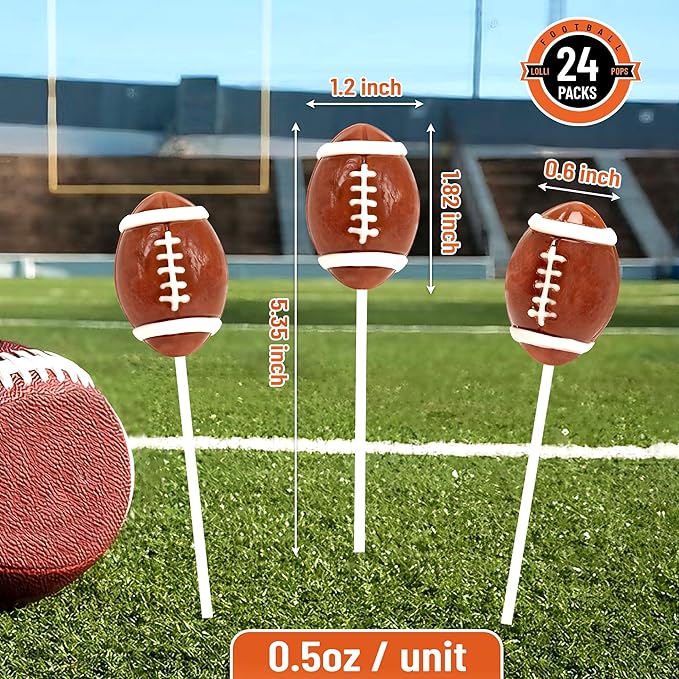Football Candy Bulk 24 Packs, Big Game Party Football Lollipops for Football Party Favors, Birthday Favors, Team Sports Events and Championship Treats, Sports Snacks, Football Goodie Bags