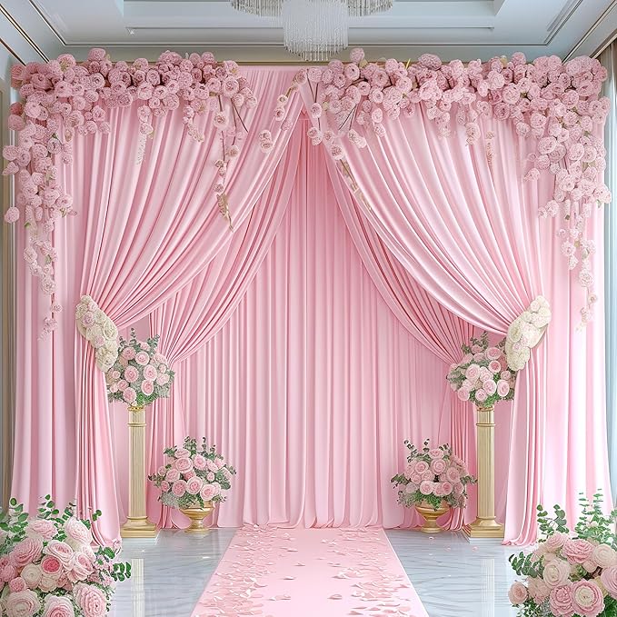 16x10FT Baby Pink Backdrop Curtains for Wedding Parties, Wrinkle Free Polyester Photography Backdrop Drapes for Wedding Baby Shower Birthday Parties Stage Background Stand Decorations 4x10ft,4 Panels