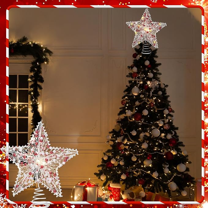 Christmas Star Tree Topper 8.3 Red and White Beads Decor 3D Star Treetop LED Lights Battery Powered Xmas Tree Ornament for Xmas Party Indoor Outdoor Home Decoration