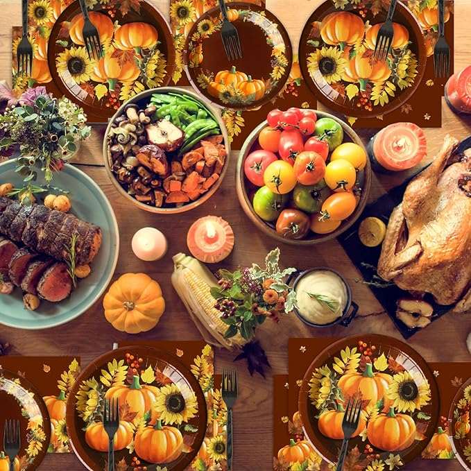 chiazllta 96 Pcs Thanksgiving Party Paper Plate and Napkins Supplies Fall Pumpkin & Sunflower Dessert Plates Thanksgiving Disposable Tableware Paper Plates Napkins Forks for Party Favors 24 Guests