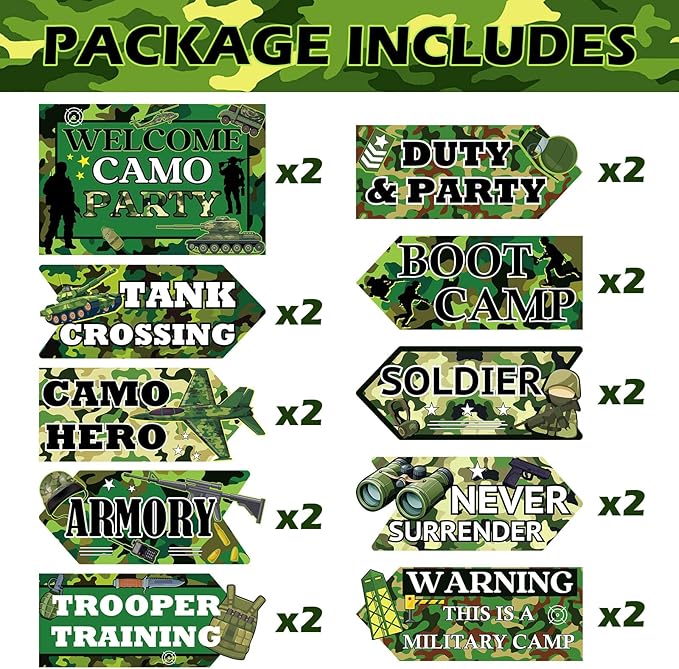 Hooqict 20 Pieces Camo Party Signs Army Birthday Party Decorations Camouflage Military Birthday Party Supplies for Boys Men Army Themed Directional Sign