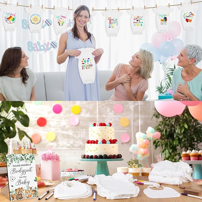 201 Pcs Baby Shower Set Baby Shower Game Sign Baby Bib Bodysuit White Baby Bib Newborn Bodysuit Baby Shower White Decorating Kit(Woodland Animal)