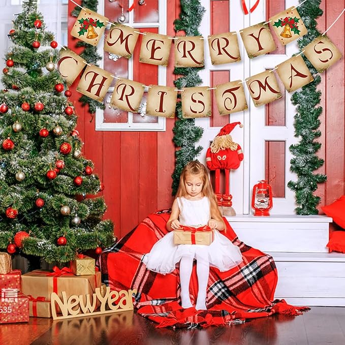 Vintage Merry Christmas Banner Decorations - Retro Nostalgic Traditional Old Fashioned Victorian Xmas Bunting Garland for Indoor/Outdoor Party Supplies, Home, Office, Classroom, Fireplace and More