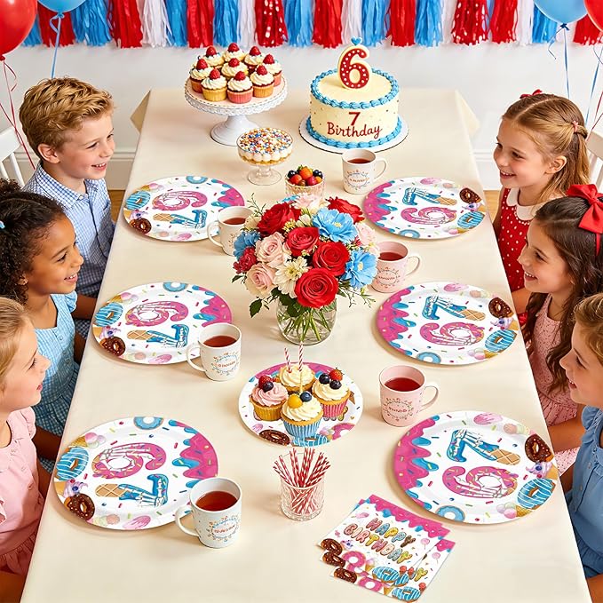96Pcs Donut 6 7 Birthday Decorations 6/7 Birthday Plates and Napkins 67 Themed I was 6 Now I'm 7 Disposable Paper Tableware Set for Kids Boys Girls 6-7 Year Old Party Supplies Serves 24