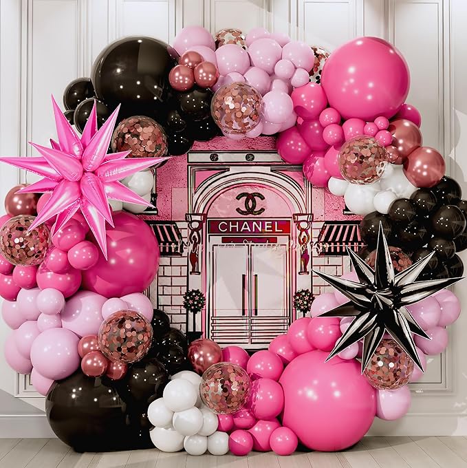 ALL-IN-1 Pink and Black Balloons Arch Kit with BONUS Starburst Balloons – Pink Black and White Balloons for Hot Pink and Black Party Decorations for Birthday, Boss Baby, Mean Girls, Barbie, Minnie