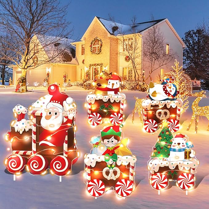 Christmas Train Decorations Yard Signs with LED Lights - Christmas Tree Snowman Train Set Lawn Signs with Stakes for Holiday Xmas Lawn Garden Yard Decorations Outdoor, 5 Pack