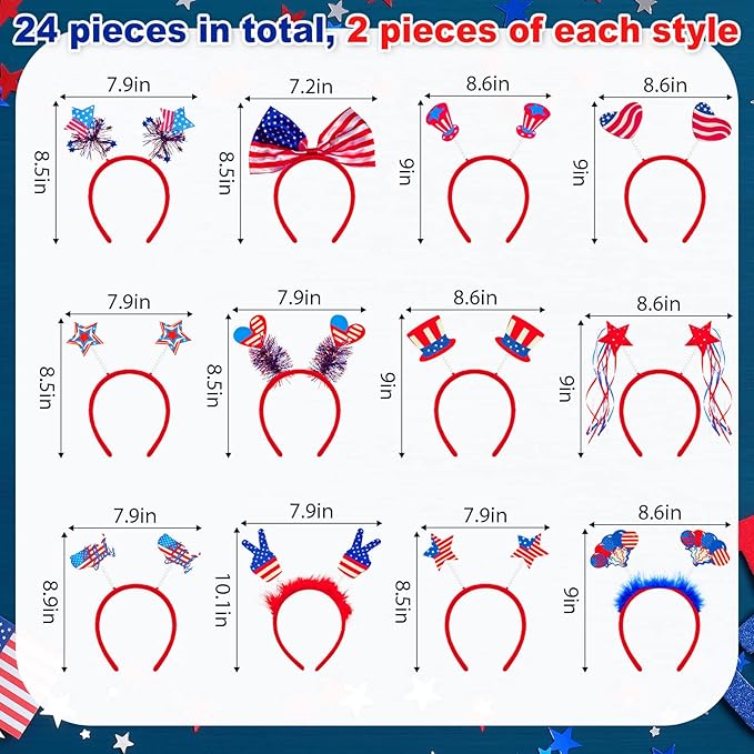 Honoson 48 Pcs 4th of July Accessories USA 250th Anniversary Party Favors Include 24 Patriotic Shutter Glasses 24 Head Boppers American Flag Sunglasses for Independence Day Veterans Day Supplies