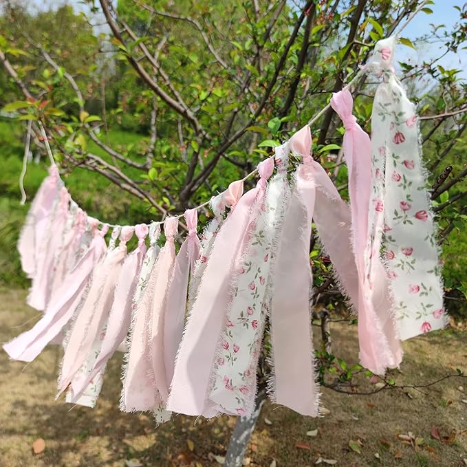 Pink Floral Tsaasel Garland for Wedding Spring Tea Party Haning Chiffon Tassel Banner Table Decor