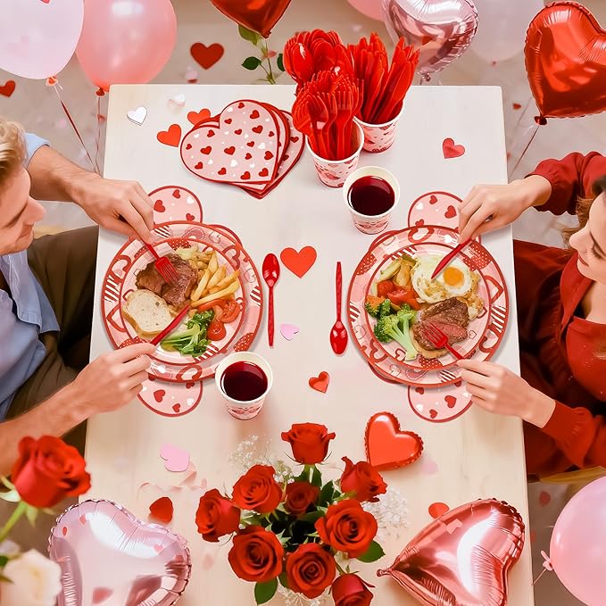 168PCS Red Love Heart Party Supplies for Valentines,Galentines Disposable Paper Plates Napkins Cups Cutlery for 24 Guest,Love Party Tableware for Anniversary Wedding Engagement Birthday Baby Shower
