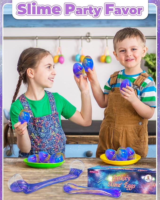 Greingways 5 Pack Prefilled Easter Eggs Galaxy Slime Toys, Teens Easters Basket Stuffers Egg Fillers, Easter Games Gift Party Favors Filled Egg for Kids Boys Girls Toddlers (Blue+Purple+Gold)