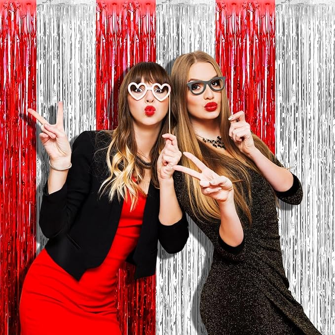 4 Pack 3.2Ft x 6.6Ft Silver Red Foil Fringe Curtain Backdrop, Metallic Tinsel Foil Fringe Streamers Curtains Background for Wedding, Circus Welcome Carnival Birthday Party Decoration New