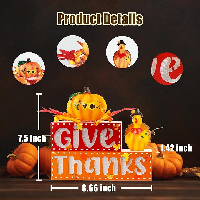 BlcTec Thanksgiving Decorations for Home, Lighted Thanksgiving Wood Block Sign with 3D Letters, Pumpkin, Turkey, Maples, Fruit, Timer, Battery Operated Thanksgiving Sign for Table, Mantle, Shelf Home Décor