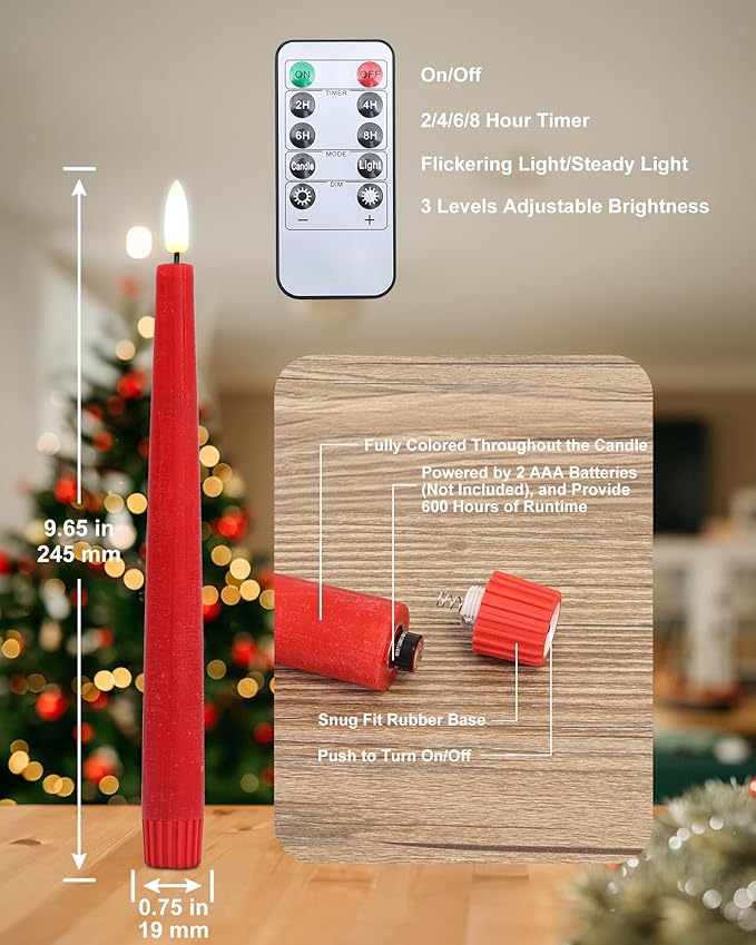 Red Real Wax LED Flameless Taper Candles with Remote and Timer, 9.65 Inch Flameless Candlesticks, Dripless Battery Operated Candles with 3D Flickering Flame - Set of 6